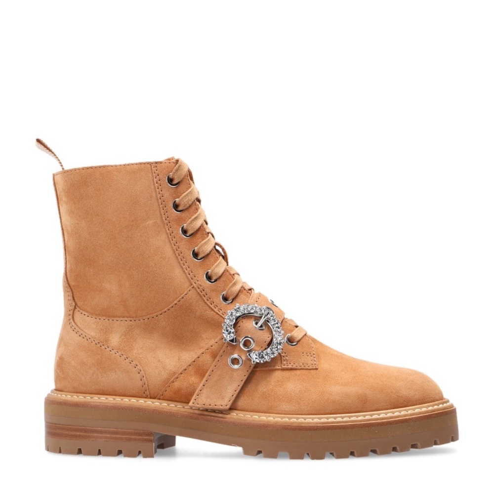 Like New Jimmy Choo Cora Suede Combat Boots with Crystal Buckle $1,325 37